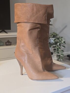 Guess by Marciano Fold-Over Pointed Toe Mid-Calf Boots in Tan